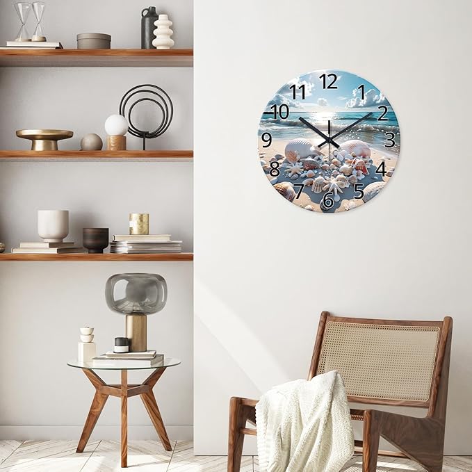 XNM Round Wall Clock Battery Operated 14 Inch Blue Beach Shell Analog Wall Clock for Kitchen Coastal Glass Clock Silent