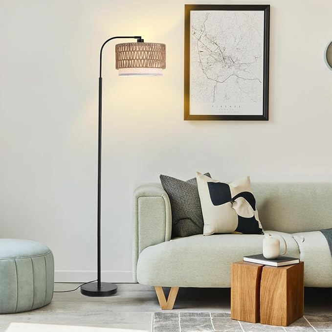 Arc Floor Lamp for Living Room，Boho Standing Lamp with Rattan & Fabric Shades,Farmhouse Floor Lamps with Foot Switch，Adjustable Tall Lamp for Bedroom, Office,LED Bulb Included