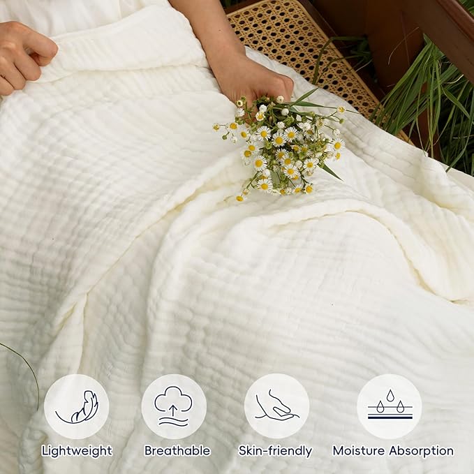 PHF Cooling Muslin Blanket King Size 104"x80", 6-Layer Lightweight Gauze Blanket Made from 35% Rayon Derived from Bamboo & 65% Cotton, Breathable & Ultra Soft Cozy, Aesthetic Home Decor, Snow White
