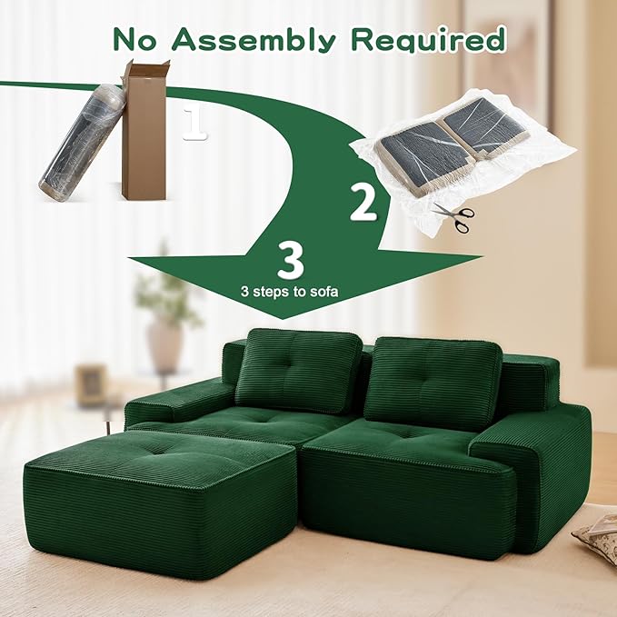 80" Modern Compressed Boneless Love Seat Couches with 1 Ottoman, 2 Seater Large Sectional Couches for Living Room, Green Corduroy Cloud Modular Sectional Sofa, Memory Foam, Deep Loveseat, No Assembly