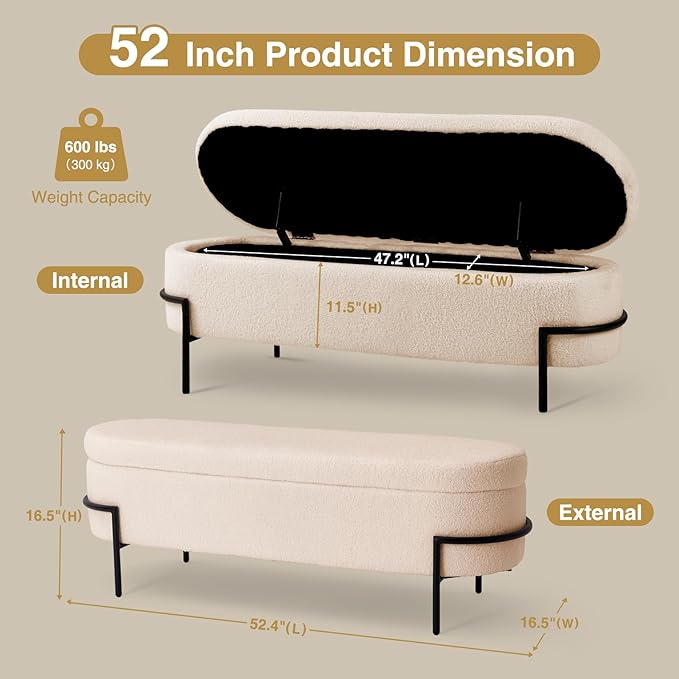 Sherpa Storage Ottoman Bench for Bedroom, Beige End of Bed Bench with Storage, Upholstered Boucle Storage Bench with Metal Stand and Hinges, Oval Ottoman for Living Room, 52 Inch