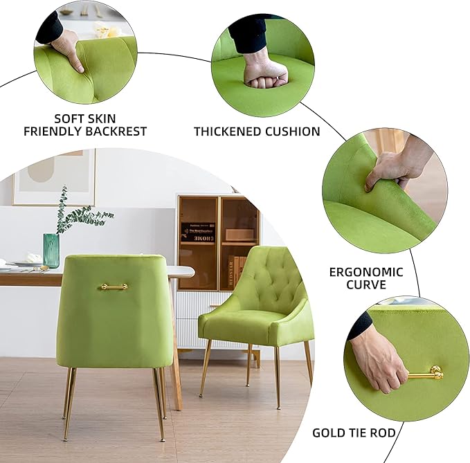 Modern Dining Chair Set of 4, Mid-Century Room Chair, Upholstered Comfortable Velvet with Back Pull Rod and Metal Legs for Kitchen, Living (Yellow-Green) (DYXSD)