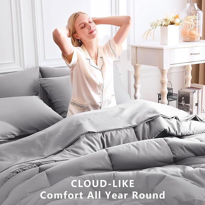 CozyLux Queen Comforter Set Grey, 7 Pieces Bed in a Bag, Gray Comforter Queen Size, All Season Bedding Sets with Stitch Quilted Comforter, Flat Sheet, Fitted Sheet, Pillowcases