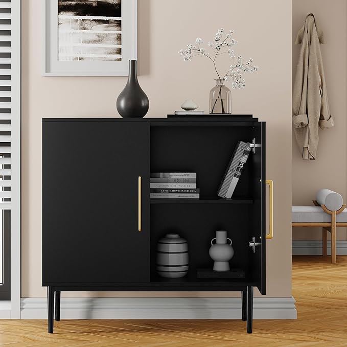 Modern Black Accent Storage Cabinet with Doors, Free Standing Wooden Buffet Sideboard for Bedroom, Kitchen, Home Office