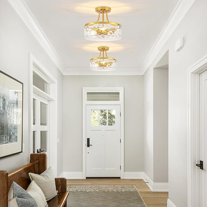 11.81" Modern Gold Semi Flush Mount Ceiling Light, Hammered Glass Hallway Light Fixtures, Entryway Light Fixture, 3-Light Lighting Fixtures for Kitchen Island Dining Room Bedroom Laundry, UL Listed