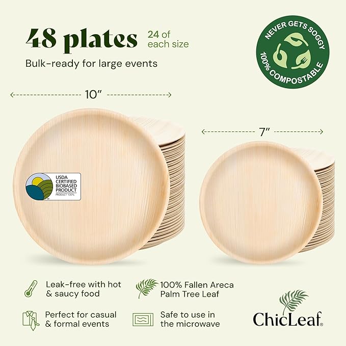 Chic Leaf Round Palm Leaf Plates - 10-Inch & 7-Inch, Pack of 48 - Compostable Disposable Bamboo Plates for Parties, Christmas Dinner, Turkey Family Meal and Holiday Food