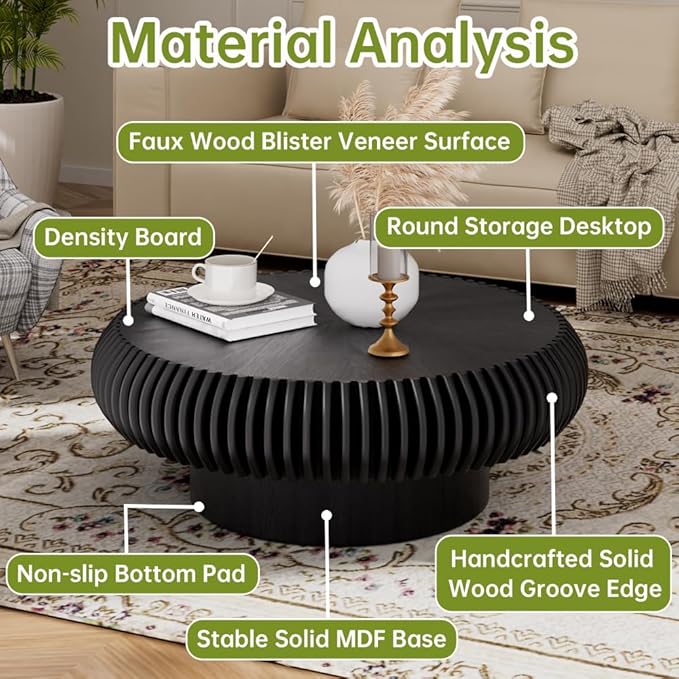 Black Round Coffee Table for Living Room Round Fluted Drum Coffee Table Modern Fluted Coffee Tables for Living Room (Black, 31.4 inch)