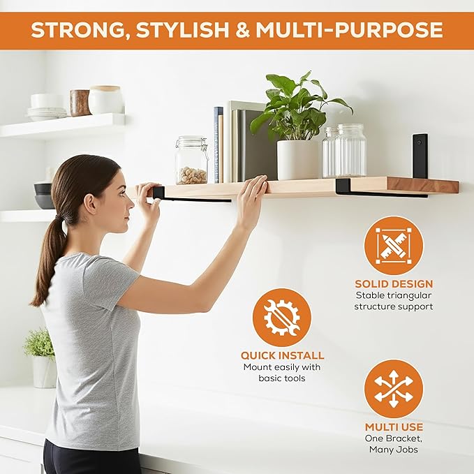 12 Inch Heavy Duty Wall Shelf 0,2" Thick, Black Shelf Bracket, Wall Brackets for Shelves + Built-in Level & 2 Magnetic Hooks, Matte Black Powder-Coated Carbon Steel, Metal Garage Shelves Wall Mounted