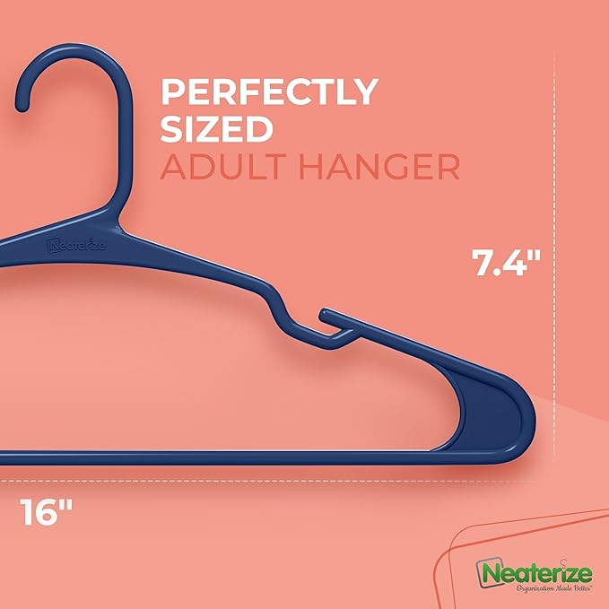 NEATERIZE Clothes Hangers Plastic 100 Pack for Adults - Plastic Hangers, The Perfect Coat Hanger and Space Saving Clothes Hangers for Closet, Percheros Ganchos para Colgar Ropa Hangars - Navy Hangers