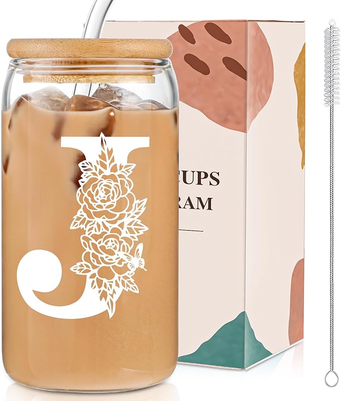 DWTS DANWEITESI Birthday Gifts for Women: Initial Glass Cup as Office Graduation Memorial Holiday Personalized Gifts - for Teacher Employee Nurse Coworkers Bridesmaid Bride - J Aesthetic Cup