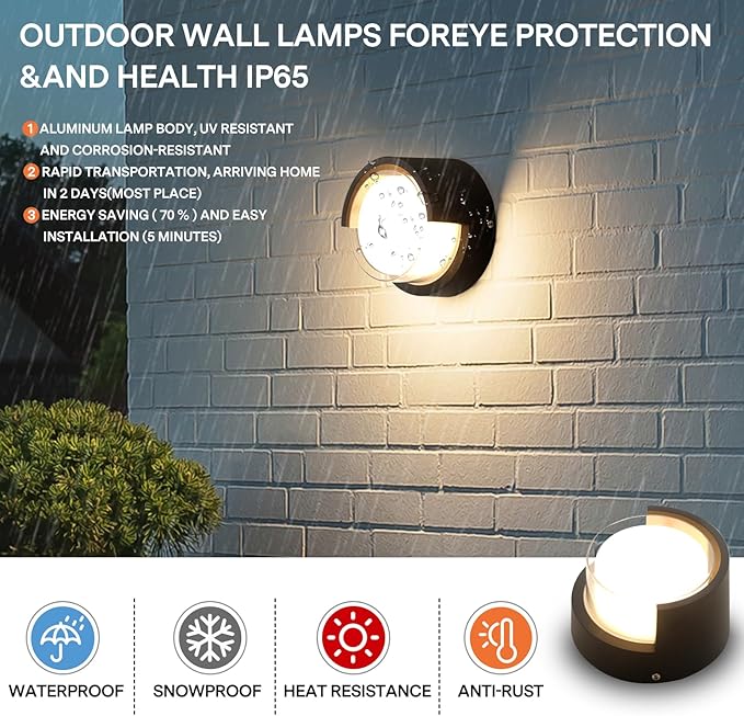 Outdoor Wall Light 4 Pack - Minimal Design Wall Sconce - Modern Black Round Lights - Warm 3000K - For Corridor