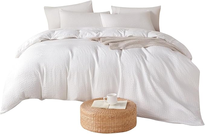 White Striped Queen Comforter Set 100% Soft Washed Microfiber Jacquard 3 Pieces Striped Bedding Sets White Comforter Queen for All Seasons and 2 Pillowcases Comfort Breathable