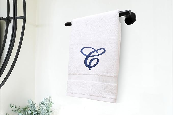 White Monogrammed Hand Towels for Bathroom - Luxury Hotel Quality Personalized Initial Embroidered Towel for Powder Room, Spa - GOTS Organic Certified - Set of 2 Navy Letter C