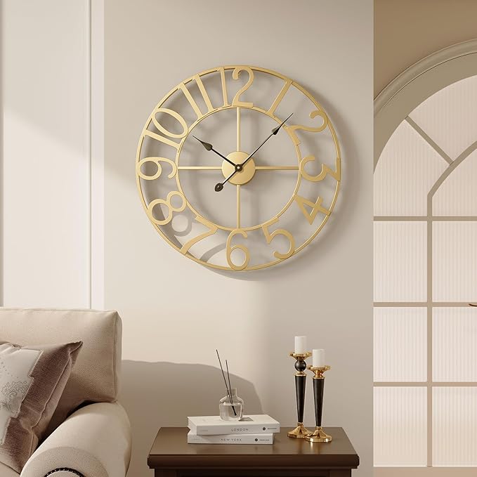 Cuspin Large Wall Clock 24 Inch Gold, Decorative Wall Clocks Battery-Operated, Modern Metal Round Clock Silent Non Ticking Arabic Numerals for Living Room Kitchen Mantel Bedroom Office Decor