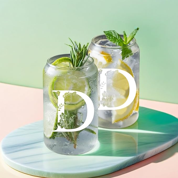 Unique Initial Glass Cup with Lids and Straws, Monogrammed Gifts Box Included Makeup Bag, Christmas Birthday Gifts for Women Mom Sister Grandma, D