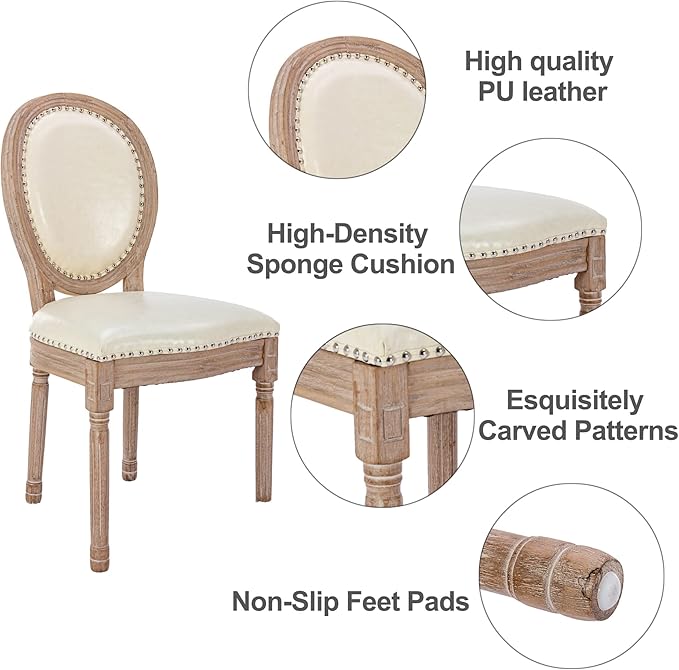 Nrizc French Country Dining Chairs Set of 4, Leather Farmhouse Dining Room Chairs with Round Back, Solid Wood Legs, Oval Side Chairs for Kitchen/Bedroom/Dining Room