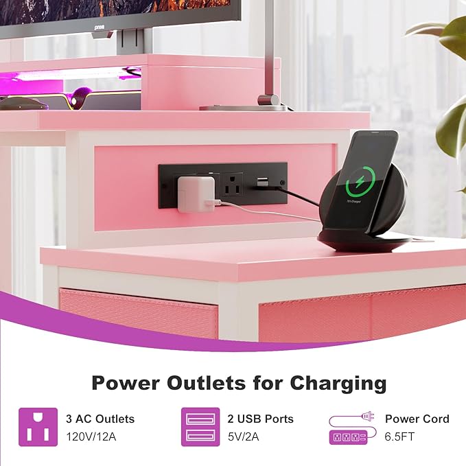 Small Gaming Desk with 2 Fabric Drawers - Reversible Computer Desk with Power Outlet & LED Lights, 49" Office Desk with Monitor Stand & Storage Shelves, Writing Study Table with Pegboard, Pink