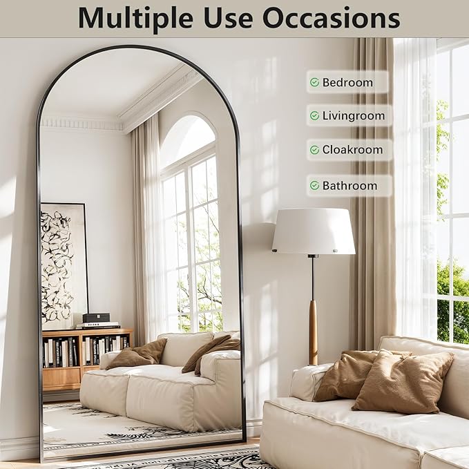 Oversized Full Length Mirror, 38"x77" Large Arched Floor Mirror Full Length with Stand, Room Decor Big Full Body Mirror with HD Tempered Glass Aluminum Frame for Bedroom Living Room, Black