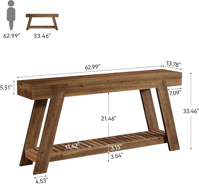 Solid Wood Console Table, 62.9-Inch Long Narrow Entryway Sofa Table with Storage Shelf for Living Room Hallway Entrance