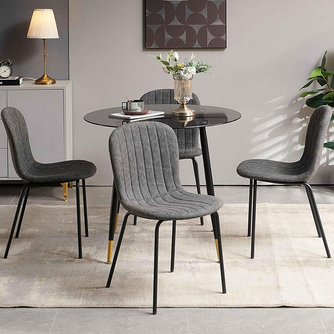 Glass Round Dining Table Set for 4, 35.43" Round Kitchen Table Transparent with 4 Upholstered Accent Chairs Space Saving Dining Chairs for Small Spaces