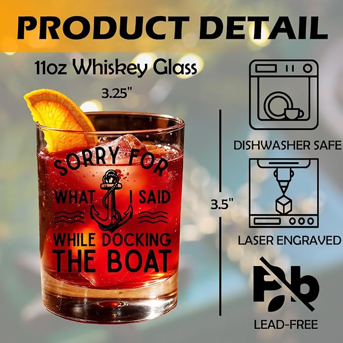 Boat Captain Gifts Old Fashioned Whiskey Glasses, Nautical Gifts for Sailor, I'm Sorry for What I Said While Docking the Boat 10 oz Rocks Barware Cup for Cocktail Drinks Scotch Bourbon Liquor