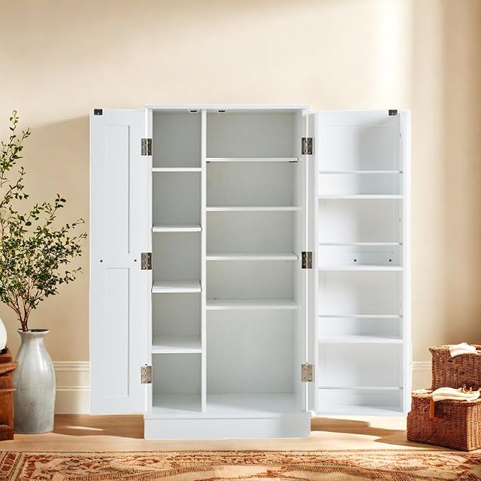 Kitchen Pantry Storage Cabinet, 47inch Freestanding Pantry Cabinet with Doors and Adjustable Shelves, Small Food Storage Cupboard for Dining Room, White