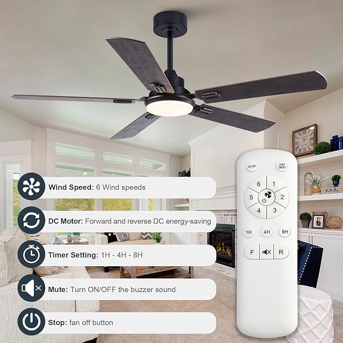 BOOMJOY 52 inch Ceiling Fans with Lights and Remote, Black Ceiling Fan with Light, Modern Ceiling Fan for Bedroom, Low Profile Outdoor Ceiling Fan for Patios, Reversible, 3 Color Memory LED, DC Motor