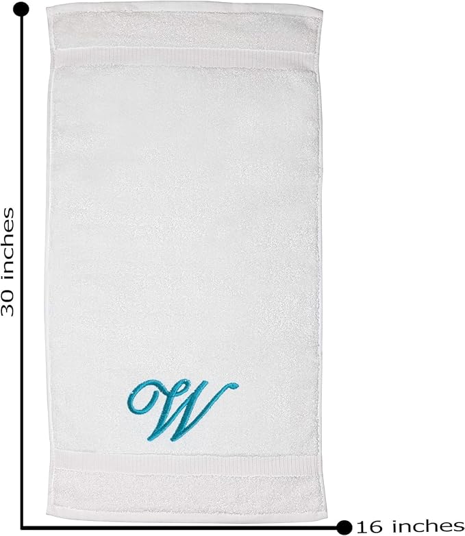 White Monogrammed Hand Towels for Bathroom - Luxury Hotel Quality Personalized Initial Embroidered Towel for Powder Room, Spa - GOTS Organic Certified - Set of 2 Teal Letter W