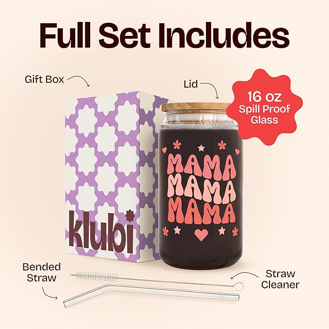 KLUBI Mama Gifts for Mothers Day from Daughter - Mom Glass Tumbler 16 Ounce Mama Cups Tumbler with Straw - Birthday Gift for Mom Iced Coffee Glass Nutritional Facts