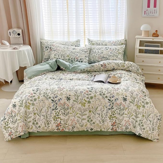 LifeTB Botanical Flower Duvet Cover Twin XL Sage Green Floral Duvet Cover 100% Cotton Wildflower Plants Pattern Floral Comforter Cover with 2 Pillowcases Girl Teen Vintage Floral Bedding Set Twin XL