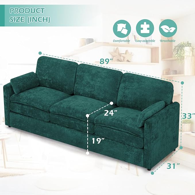 89” Chenille Sofa w/Arm Pillows, Upholstered 3-Seater Sofa w/Comfortable Back Cushions, Modern 3 Seats Couch w/High-Density Foam for Living Room, Apartment, Office, Teal