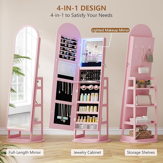 HWB Arched Mirror Jewelry Cabinet with Storage, LED Jewelry Armoire w/Full Length Mirror & 360° Swivel, Standing Jewelry Holder Organizer with Rear Storage Shelves & Hooks, Lockable (Pink)