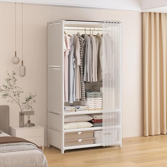 Portable Closet,Portable Closets for Hanging Clothes,Japanese Style Garment Rack with 1 Hanging Rods,2 Storage Shelves,27.5" L x 17.7" W x 65.1" H,White