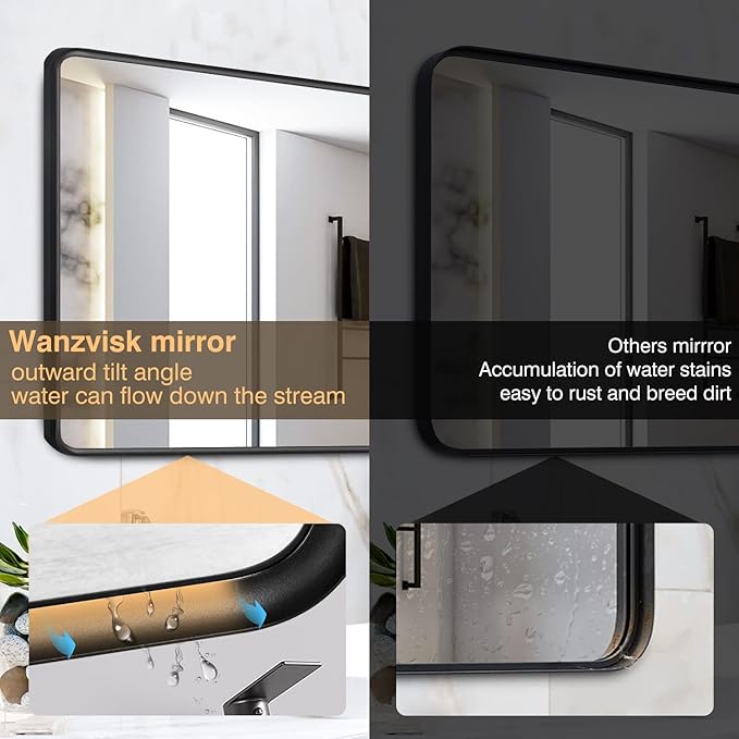 Gold Framed Mirrors for Bathroom,40 x 30 Inch Rounded Conner Rectangle Mirror for Wall, Matte Gold Vanity Mirror with Tempered Glass,Anti-Rust,Hangs Horizontally or Vertically