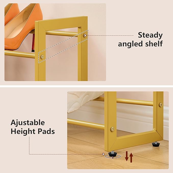 FAVOOSTY 4-Tier Expandable Shoe Rack, Adjustable Shoe Shelf Storage Organizer Space Saving Metal Free Standing Shoe Rack for Entryway Closet Doorway, Gold