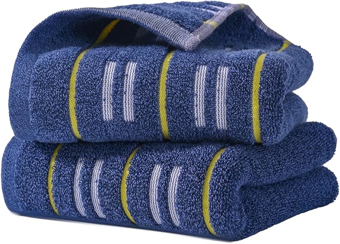 YiLUOMO Blue Hand Towels Yellow Striped Design Set of 2 Super Soft 100% Terry Cotton Highly Absorbent Decorative Hand Towel for Bathroom 13 x 29 Inch