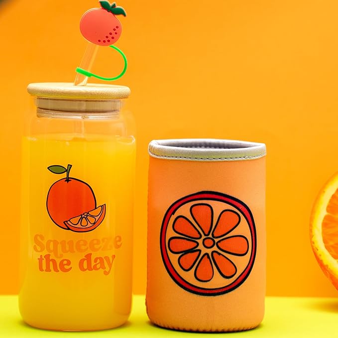 Orange Gifts for Women - Glass Tumbler with Lid and Straw, Customized Straw Stopper and Cup Sleeve. Aesthetic Unique Design Iced Coffee Gift Cup for Mom, Teacher, Friend