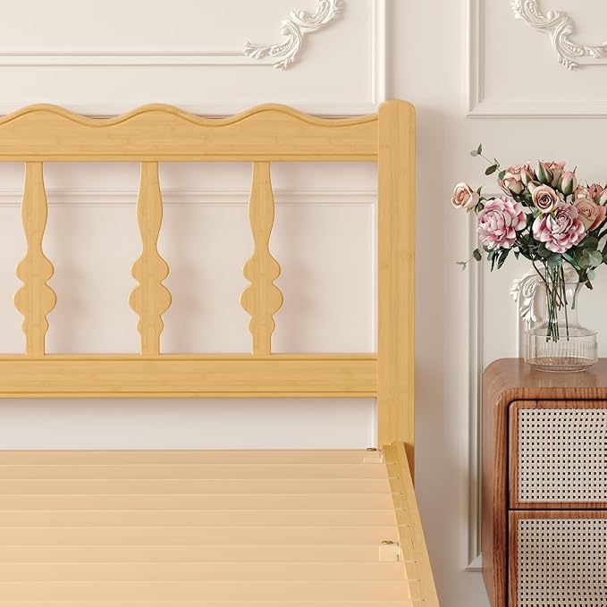 Bamboo Twin XL Bed Frame with Headboard, 14 inch Solid Wood Platform Bed Frames Twin XL Size with Metal Slats, No Box Spring Needed, Easy Assembly, Noise Free