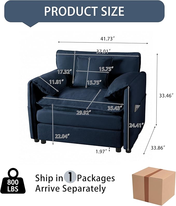 41.73" Oversized Sofa Chair, Chenille Modern Upholstered Armchair, Modular Sectional Sofa for Living Room, Deep Seat Reading Sofa for Bedroom Apartment (Blue, 41.73 Inch)