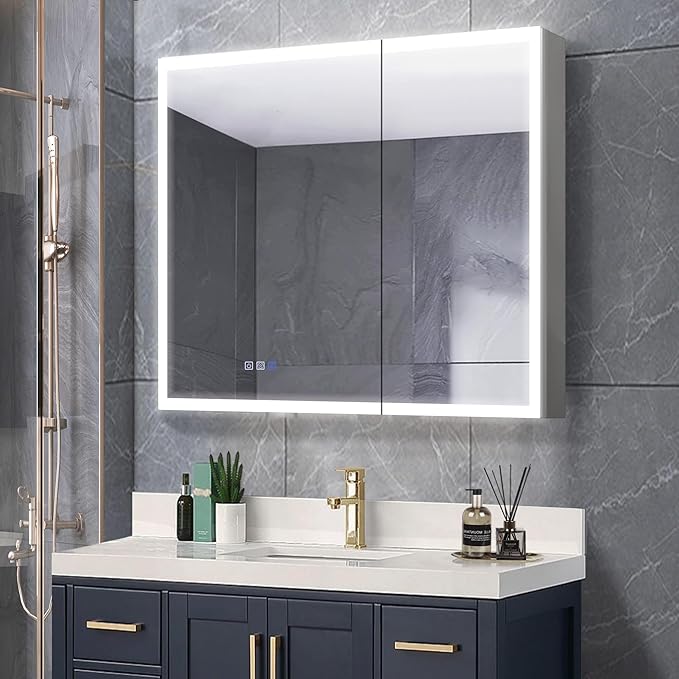 GroGro LED Lighted Bathroom Medicine Cabinet with Mirror,36" W x 30" H Medicine Cabinet with Lights,Surface or Recessed Mounting,Defog,Dimming,3-Color Temperature Adjustment