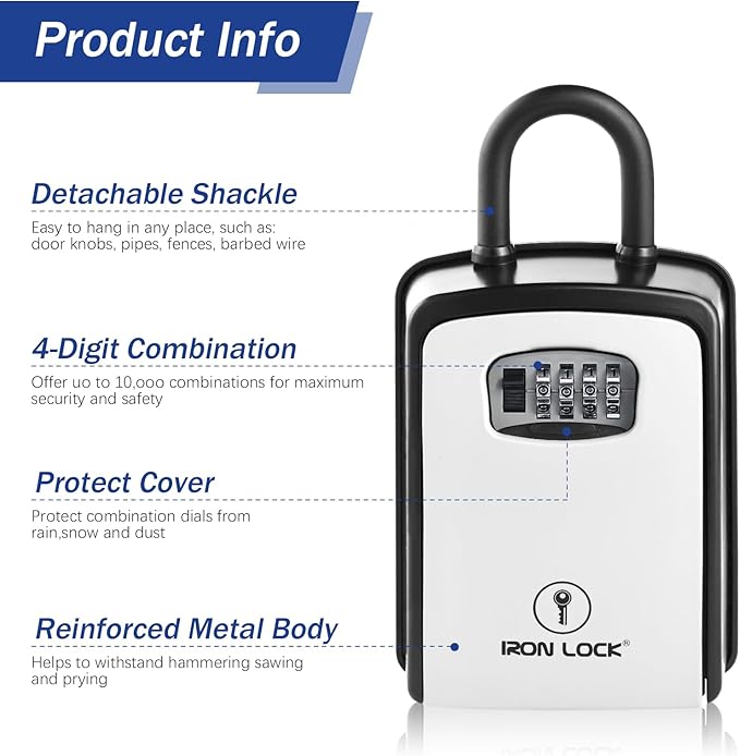 Iron Lock® Key Lock Box Portable with U-Shackle – XXL Waterproof Heavy-Duty Metal Safe with 4-Digit Combination for Spare Keys Outside on Door Knob, Fence or Gate (Grey, XXL)