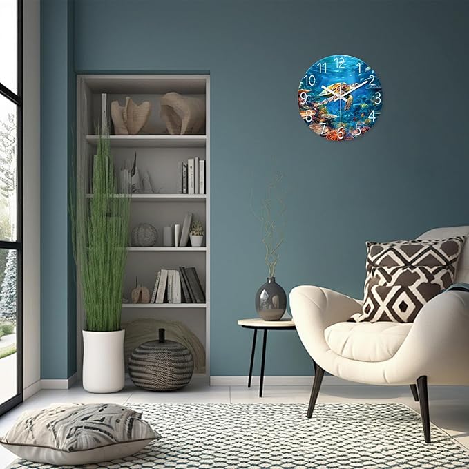XNM Blue Sea Turtle Glass Clocks for Living Room Decor Ocean Large Wall Clocks Battery Operated 16 Inch Silent Wall Clock Modern