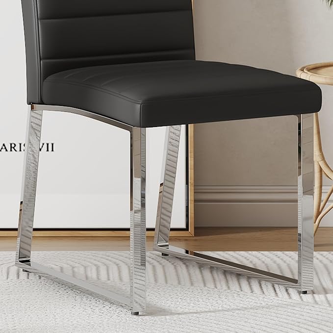 Modern Dining Chairs Set of 4, White Faux Leather Kitchen Chairs, Upholstered Armless Dining Room Chair with Gold Mental Legs Heavy Duty, Comfortable (Black Chairs, Set of 6)