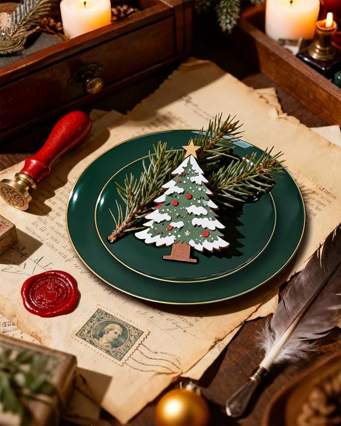 PULOTE 100PCS Green Plastic Plates - Green Disposable Plates With Gold Rim - Include 50 Pieces Dinner 10.25inch,50 Pieces Dessert 7.5inch for Party&Christmas