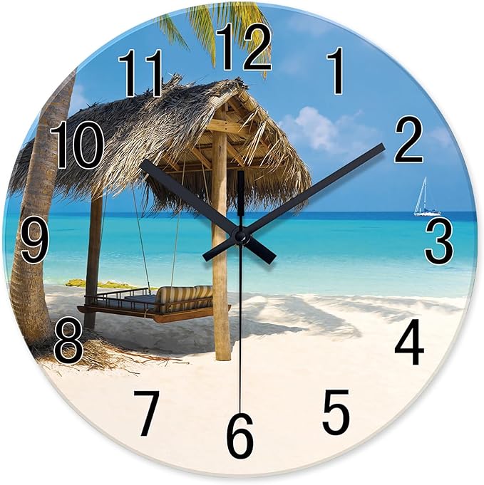 XFM Beach Wall Clock 14 Inch Blue Glass Wall Clocks Battery Operated Silent Non Ticking Hawaii Summer Tropical Coastal Clock for Bedroom Living Room Office