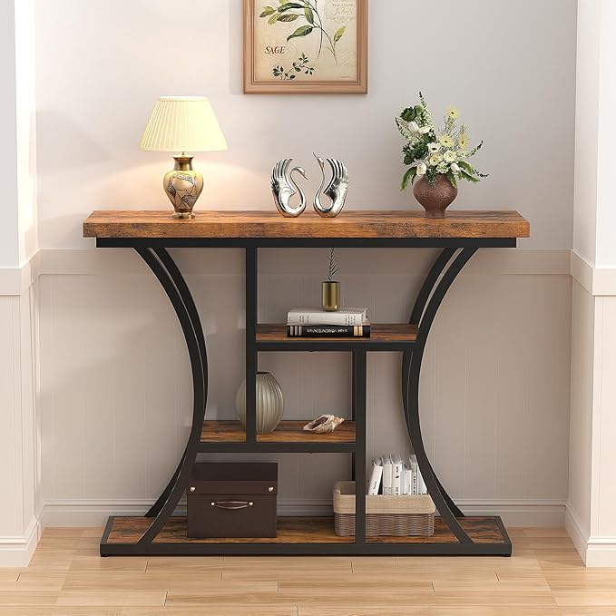 41.3'' Industrial Sofa Table with 4 Tier Storage Shelves, Narrow Long Console Table Entryway Table with Curved Metal Frame, Rustic Wood Accent Table for Hallway, Foyer, Rustic Brown