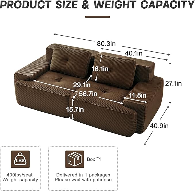 80" Modern Compressed Boneless Love Seat Couches, 2 Seater Large Sectional Couches for Living Room, Brown Corduroy Cloud Modular Sectional Sofa, Memory Foam, Extra Deep Loveseat, No Assembly