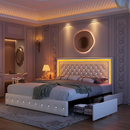 Full led Bed Frame, Bed with Storage Drawers, No Box Spring Needed, 900 lbs Capacity, Easy Assembly, Velvet Cream