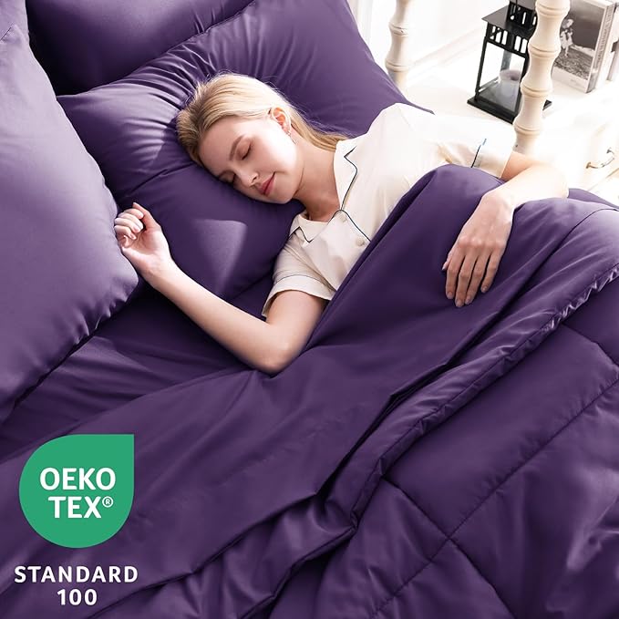 CozyLux Queen Comforter Set Purple, 7 Pieces Bed in a Bag, Purple Comforter Queen Size, All Season Bedding Sets with Stitch Quilted Comforter, Flat Sheet, Fitted Sheet, Pillowcases