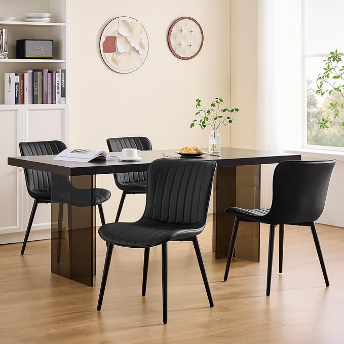 Modern Dining Chairs Set of 6, Heavy Duty Upholstered Side Chairs with Faux Leather, Comfortable Cushions & Durable Metal Legs with Adjustable Feet, Perfect for Kitchen, Dining Room (Black)
